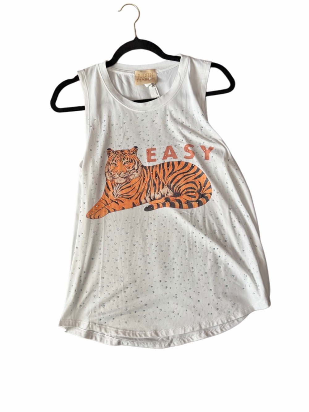 Judith March White Tank with Orange Tiger 'EASY' Graphic